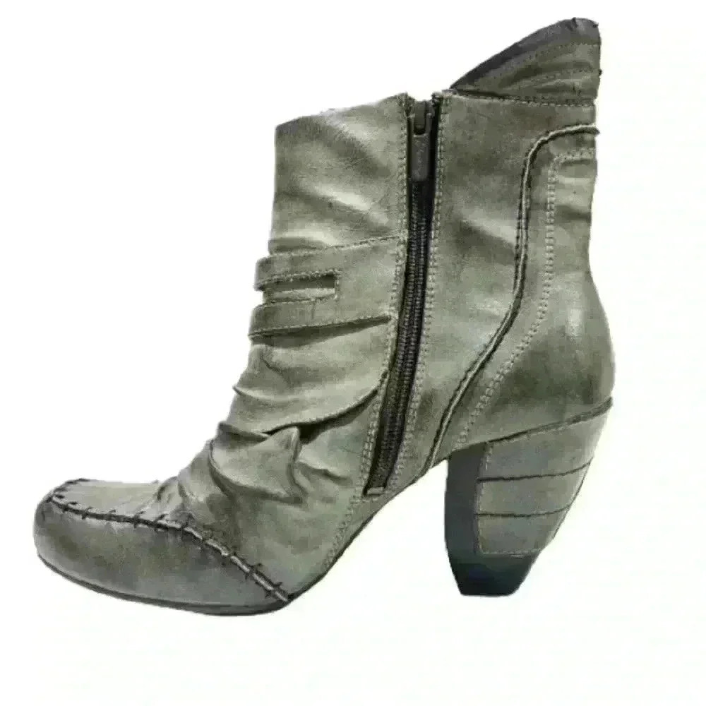 MUSTANG BOOTS GREEN  DISTRESSED LEATHER ROUND SQUARE TOE ANKLE BOOTIE SIZE 41